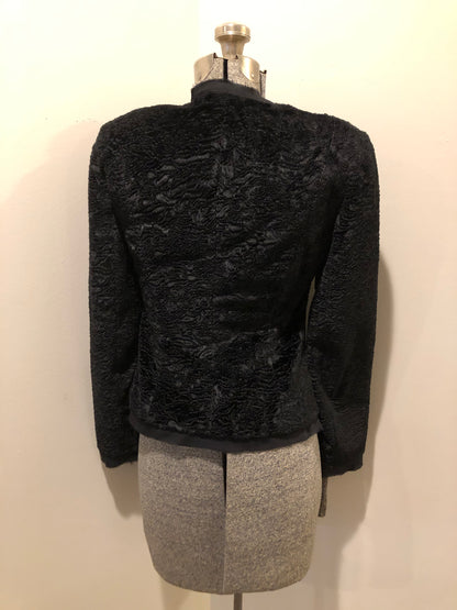 Kingspier Vintage - Ecocci black textured jacket with silk frill trim, button closures and inner lining, Size XS.