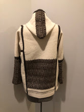 Load image into Gallery viewer, Kingspier Vintage - Vintage handwoven and handmade beige 100^ natural wool cardigan with hood, wooden toggles and inner lining. Made in Nova Scotia. Size medium.

