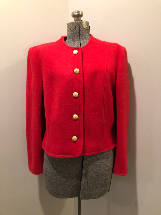 Kingspier Vintage - Vintage 70’s Suttles and Seawinds red felted wool jacket with ornate gold buttons and inner lining. Made in Mahone Bay, Nova Scotia. Size large.