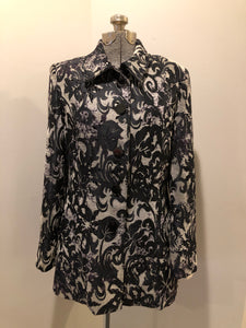Kingspier Vintage - Grey and black floral jacket with button closures and a black inner lining. Size medium.