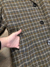 Load image into Gallery viewer, Kingspier Vintage - Vintage Maus and Hossman grey plaid wool blend overcoat with button closures, slash pockets, partially lined with inside pockets. The fibres are unknown but it feels like a cashmere blend. Union made in USA, Size large/ XL.
&quot;

