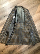Load image into Gallery viewer, Kingspier Vintage - Vintage Maus and Hossman grey plaid wool blend overcoat with button closures, slash pockets, partially lined with inside pockets. The fibres are unknown but it feels like a cashmere blend. Union made in USA, Size large/ XL.
&quot;
