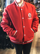 Load image into Gallery viewer, Kingspier Vintage - Melrose Youth Hockey letterman’s jacket in red with white accents, embroidered emblem on the front and lettering on the back with monogram on shoulder “Kevin”. Snap closures, slash pockets. Made in the USA. Size M.
