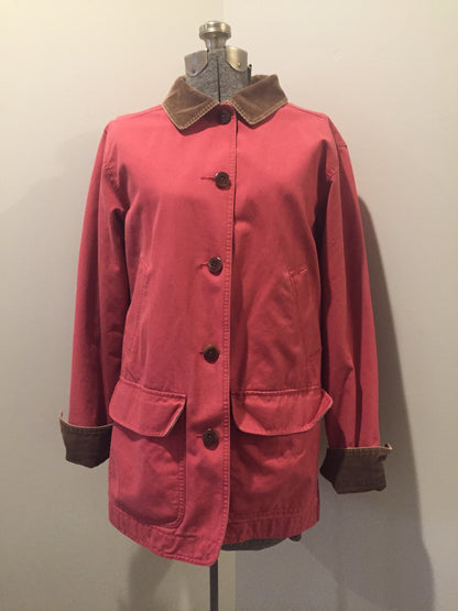 Kingspier Vintage - LL Bean red chore jacket with corduroy collar and cuffs, button closures, hand warmer pockets and flap pockets. 100% Cotton shell. Women’s size medium.