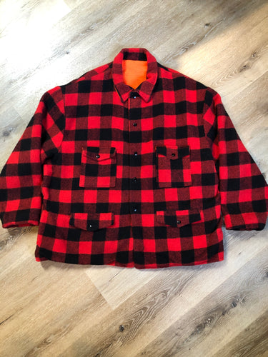 Kingspier Vintage - Vintage Codet Red Plaid Wool Blaze Orange Reversible Hunting Jacket, Made in Canada