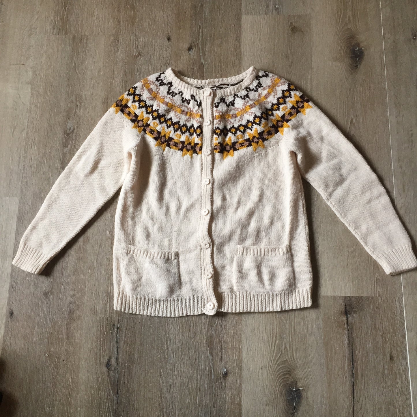 Hand Knit Cream, Brown and Yellow Lopi Cardigan, Made in Nova Scotia