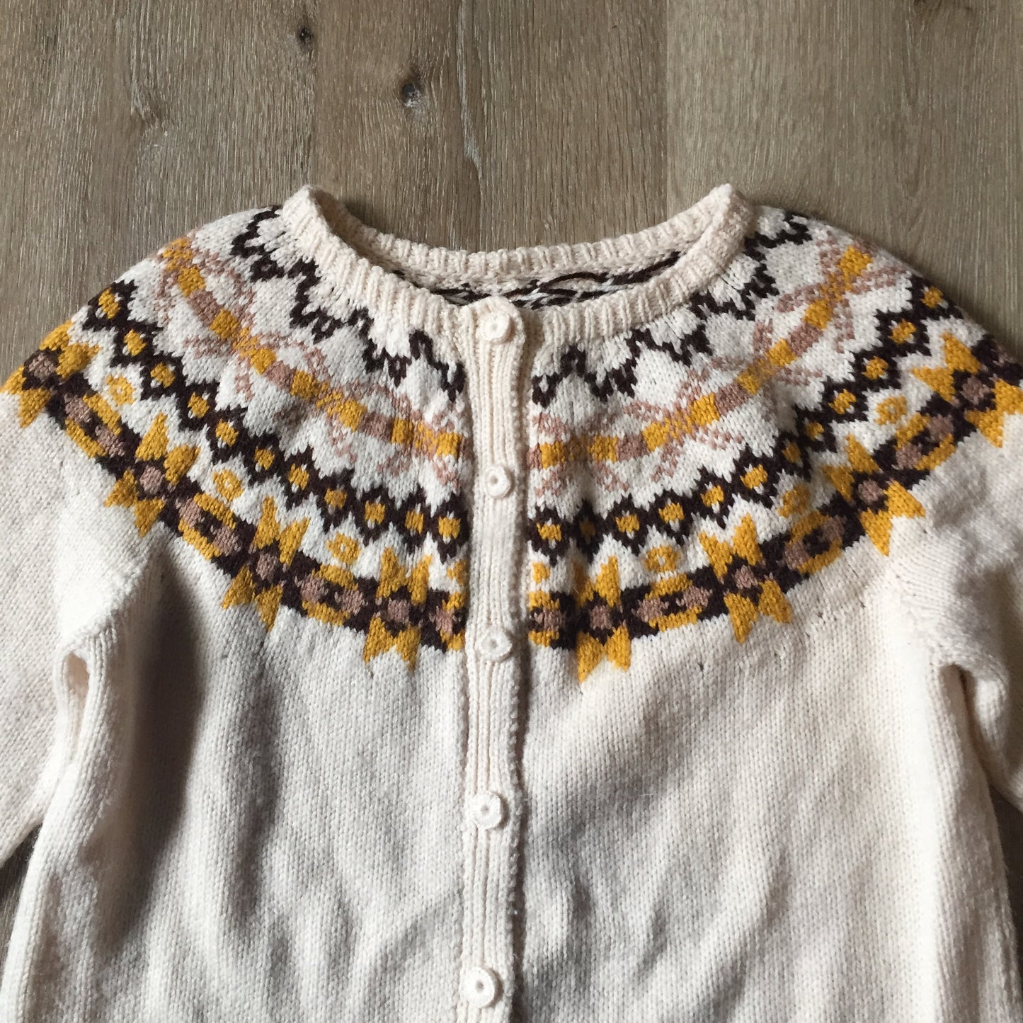 Hand Knit Cream, Brown and Yellow Lopi Cardigan, Made in Nova Scotia