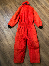 Load image into Gallery viewer, Kingspier Vintage - Vintage blaze orange one piece snowmobile suit, with hood, quilted lining and full length zipper.

 Size large.
