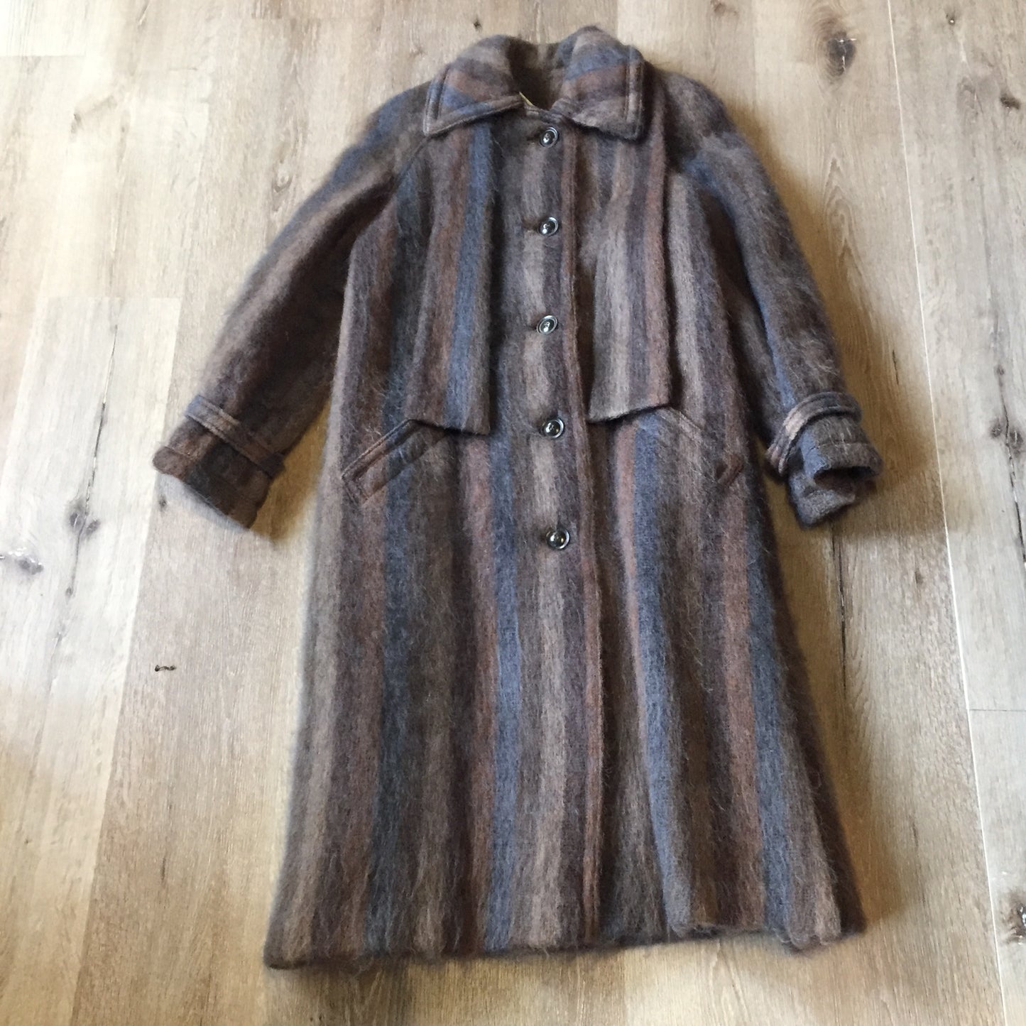 Kingspier Vintage - Vintage 1960s Bordallino brown and blue stripped mohair coat with attached scarf, button closures and slash pockets. Made in England. Size XS/S.