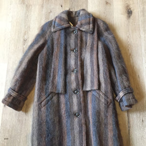 Kingspier Vintage - Vintage 1960s Bordallino brown and blue stripped mohair coat with attached scarf, button closures and slash pockets. Made in England. Size XS/S.