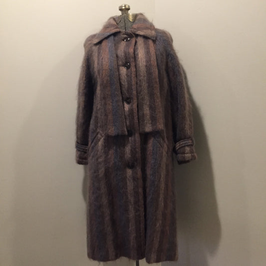 Kingspier Vintage - Vintage 1960s Bordallino brown and blue stripped mohair coat with attached scarf, button closures and slash pockets. Made in England. Size XS/S.