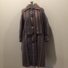 Load image into Gallery viewer, Kingspier Vintage - Vintage 1960s Bordallino brown and blue stripped mohair coat with attached scarf, button closures and slash pockets. Made in England. Size XS/S.
