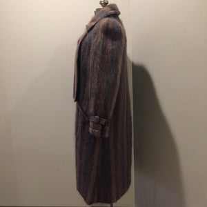 Kingspier Vintage - Vintage 1960s Bordallino brown and blue stripped mohair coat with attached scarf, button closures and slash pockets. Made in England. Size XS/S.
