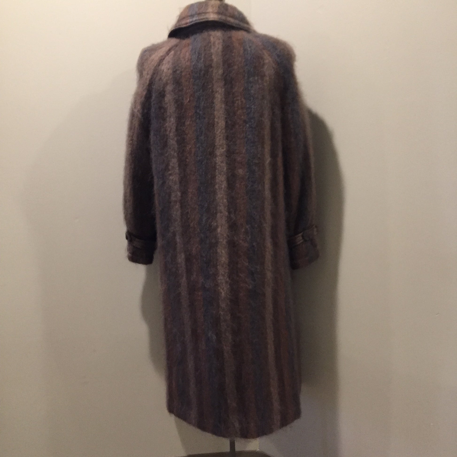 Kingspier Vintage - Vintage 1960s Bordallino brown and blue stripped mohair coat with attached scarf, button closures and slash pockets. Made in England. Size XS/S.