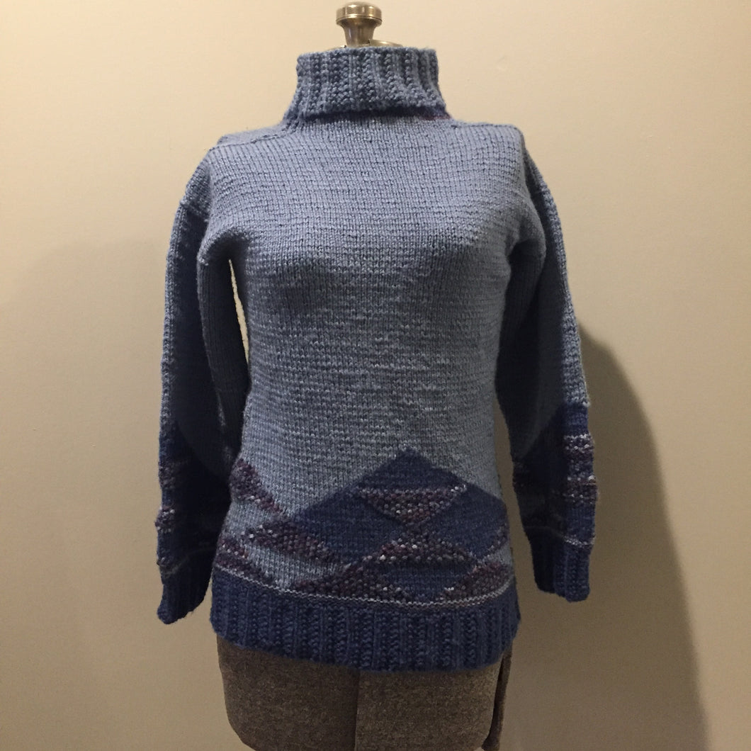 Hand Knit Blue and Purple 100% Wool Sweater, Made in Canada