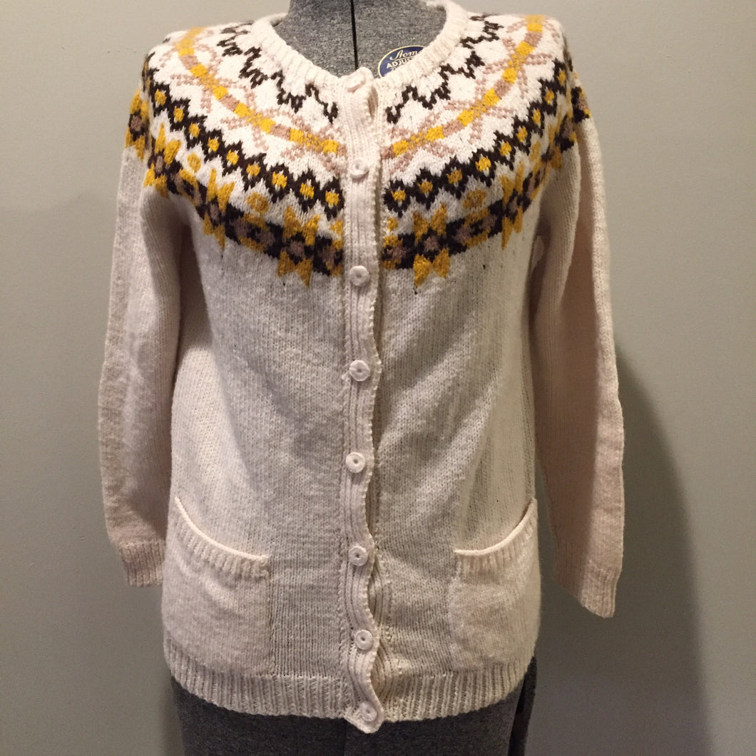 Hand Knit Cream, Brown and Yellow Lopi Cardigan, Made in Nova Scotia
