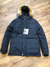 Load image into Gallery viewer, Kingspier Vintage - Pajar “Wilson” down-filled navy parka with removable synthetic fur ruff and duo- layer hood, snap and zipper closures, four front flap pockets. This parka is water resistant and protects against temperatures as low as -10 to -20C.

Fill - 90% Down/ 10% feather

