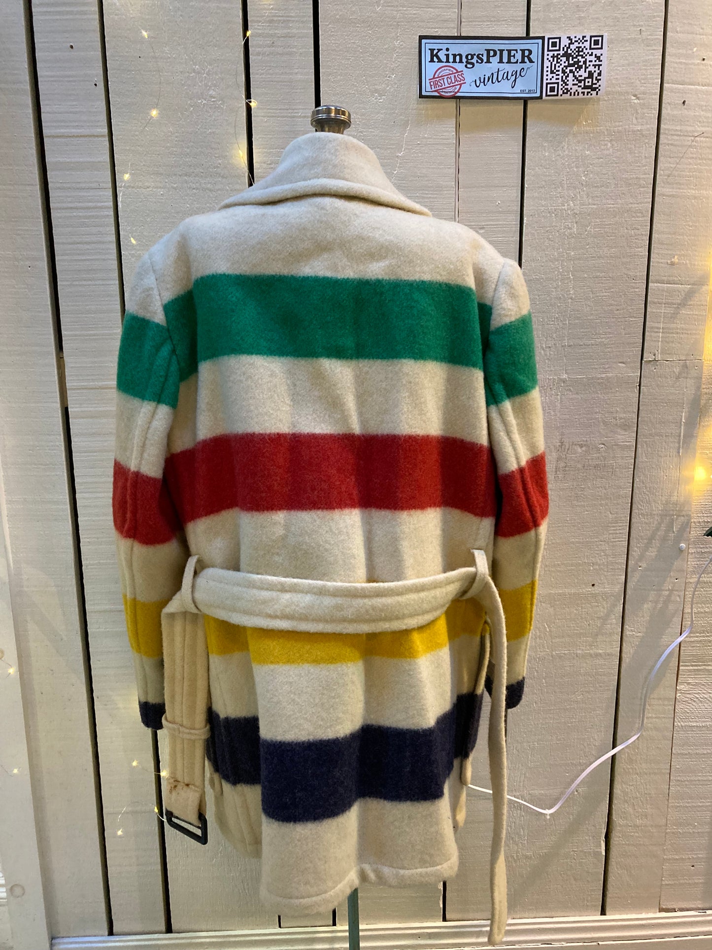 Kingspier Vintage - Vintage Hudson’s Bay Company iconic multi stripe point blanket coat with belt, double breasted button closures and front flap pockets.

Made in Canada.
Size Large.