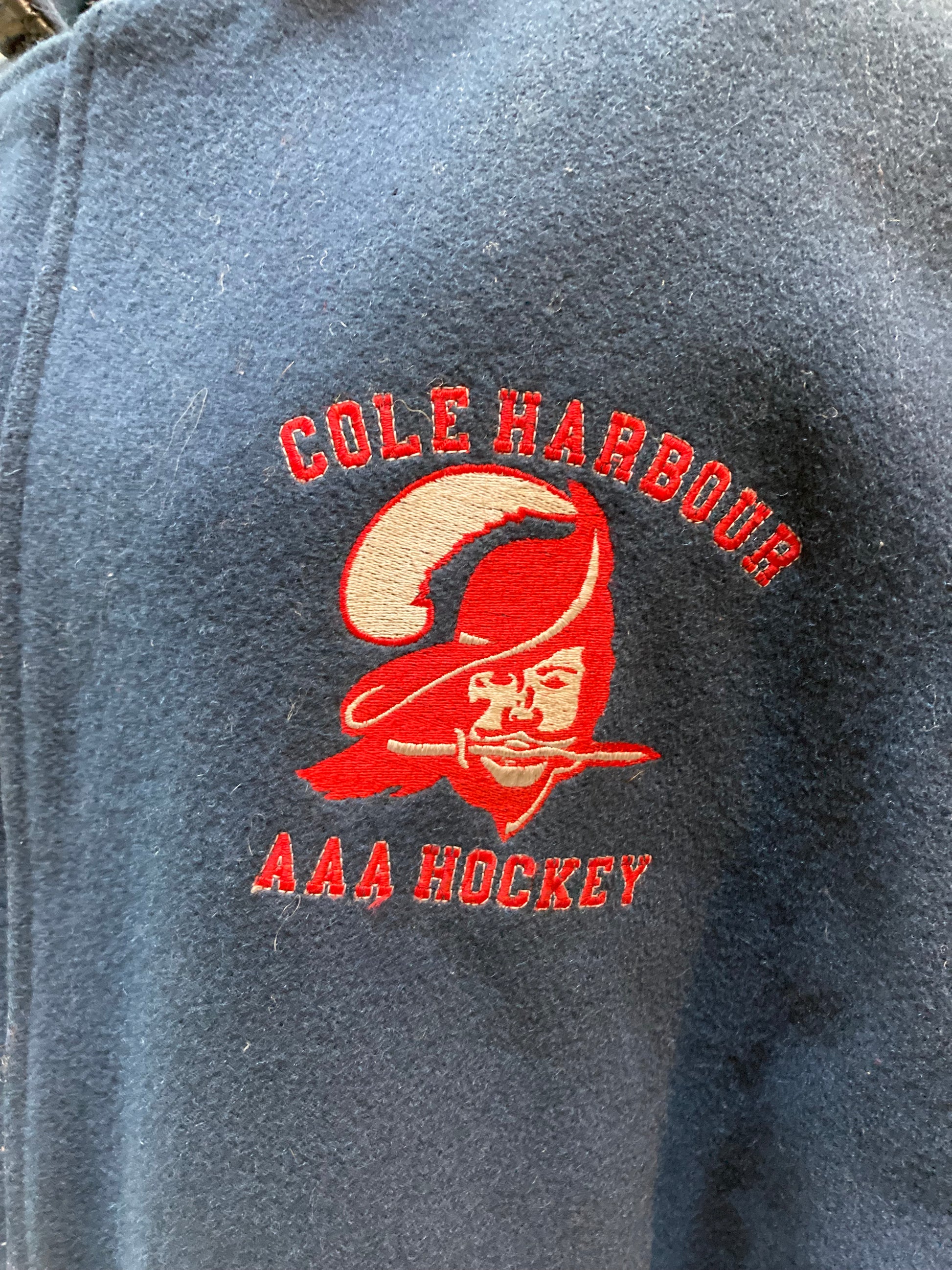 Kingspier Vintage - Vintage Cole Harbour AAA Hockey blue varsity jacket with leather arms, zipper and snap closure, two front pockets and a quilted lining.

Made in Canada.
Size XL.