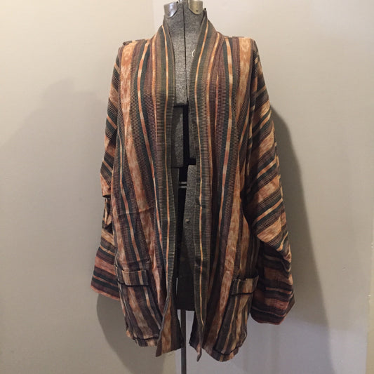 Kingspier Vintage - Handwoven striped tapestry duster with patch pockets. Size large.