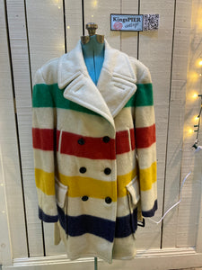 Kingspier Vintage - Vintage Hudson’s Bay Company iconic multi stripe point blanket coat with belt, double breasted button closures and front flap pockets.

Made in Canada.
Size Large.