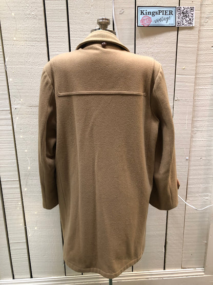 Kingspier Vintage - Wool blend coat (75% wool, 25% other) with fuzzy acetate lining, antler and leather toggle closures and front flap pockets.

Made in Canada.