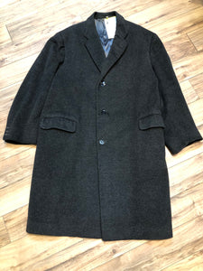 Kingspier Vintage - Vintage 1960s charcoal grey wool overcoat with button closures and flap pockets.