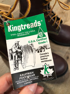 Vintage Kingtreads CSA approved 9 eyelet lace up work boots by Kaufman Footwear in brown with steel toe and steel plate insole to protect against injury, and oil resistant outsole. Made in Canada.

Size 7 Mens

The uppers and soles are in excellent condition. NWT.