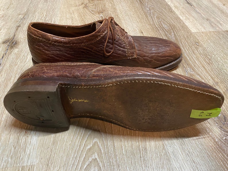 Kingspier Vintage - Brown Seal Skin Textured Plain Toe Derbies by John McHale Custom Shoe - Sizes: 9.5M 11.5W 42-43EURO, Made in Canada, Caravan Collection, Leather Soles, Rubber Heels