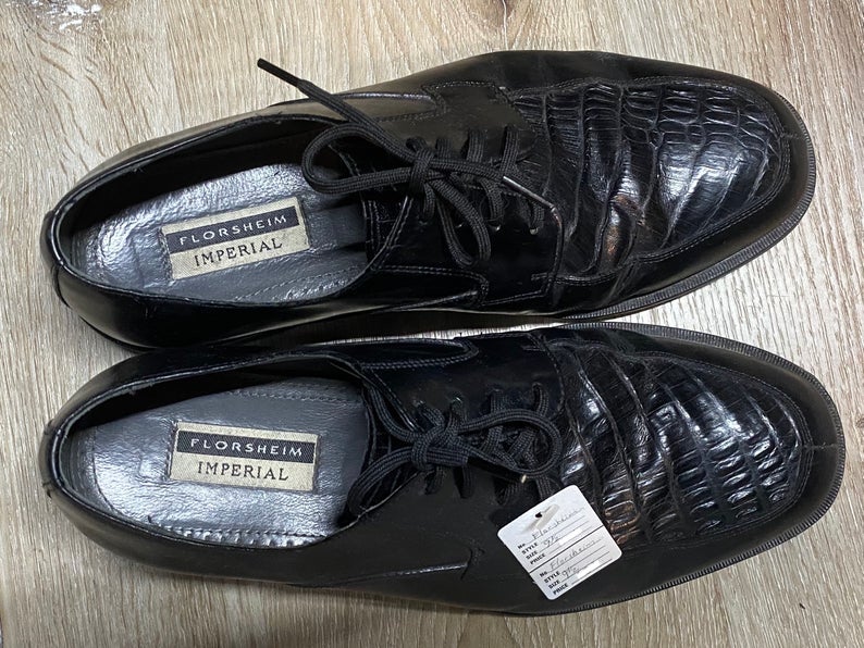 Kingspier Vintage - Black Leather Derbies with Caiman Alligator Vamps by Florsheim Imperial - Sizes: 9.5M 11.5W 42-43EURO, Made in Brazil, Leather Uppers and Soles, Full Leather Linings, Partial Rubber Heels