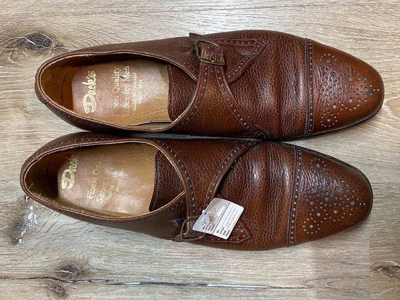 Kingspier Vintage - Brown Quarter Brogue Cap Toe Single Monk Straps with Brass Buckles by Dack’s Finest Quality Shoes for Men - Sizes: 11M 13W 44EURO, Made in Canada, Custom Grade Leather Soles, Leather insoles, Rubber Heels