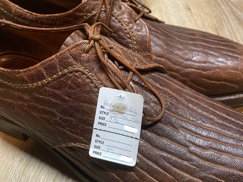 Kingspier Vintage - Brown Seal Skin Textured Plain Toe Derbies by John McHale Custom Shoe - Sizes: 9.5M 11.5W 42-43EURO, Made in Canada, Caravan Collection, Leather Soles, Rubber Heels