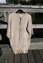 Load image into Gallery viewer, Kingspier Vintage - This unique Daurene Lewis designer coat / jacket has two patch pockets and genuine &quot;horn&quot; buttons with wool fringe at the base. The natural tones of wool are woven in classic oversized herringbone pattern and is handwashable
