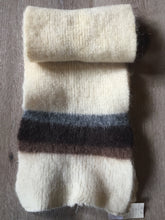 Load image into Gallery viewer, Kingspier Vintage - &lt;p&gt;Very soft vintage cream-coloured Icelandic wool scarf with contrasting stripes in brown and grey. There are minor imperfections on this piece and it is priced accordingly.&lt;/p&gt;
