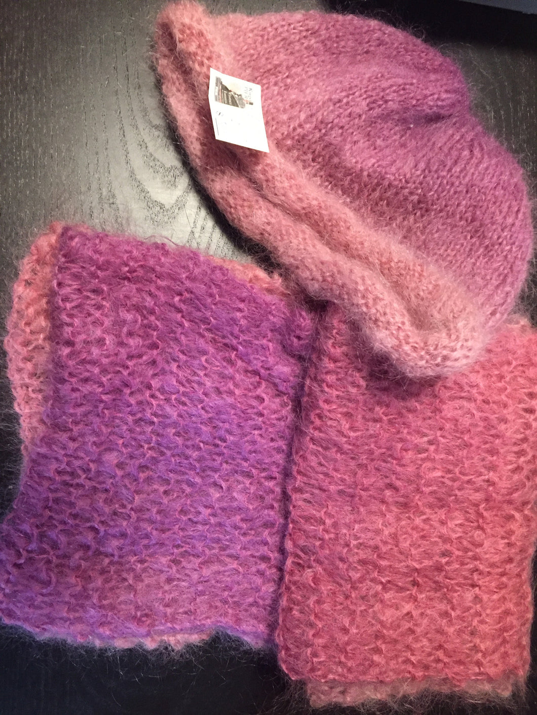 Kingspier Vintage - <p>Handknit mohair ombré pink/purple scarf and hat set.</p>