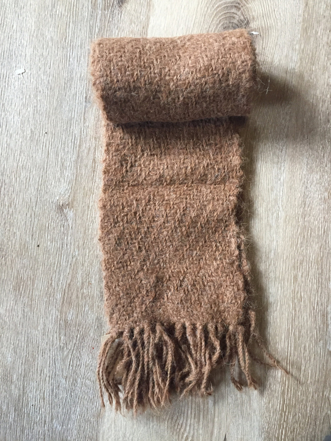 Kingspier Vintage - Wonderfully soft brown baby alpaca wool scarf, measures 6.5x64 inches.
