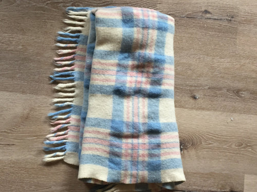 Kingspier Vintage - <p>Vintage plaid (white base with pink and blue accents) lap/baby blanket. Measures 34x39 inches. Could also be worn as a shawl or wrap.</p>