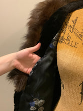 Load image into Gallery viewer, Kingspier Vintage - Parais Fourrours Quebec vintage black fur coat with tan fur trim, floral print lining and inside pocket
