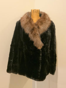 Kingspier Vintage - Parais Fourrours Quebec vintage black fur coat with tan fur trim, floral print lining and inside pocket