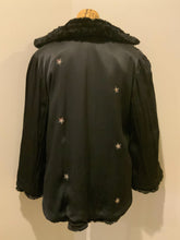 Load image into Gallery viewer, Kingspier Vintage - Vintage dark 1950’s era brown beaver fur coat with jewel top button, embroidered star burst lining and inside pocket

