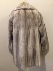 Kingspier Vintage - Eastern Furriers" Silver mink fur coat, Made in Canada. This coat features a white satin lining with inside pocket and embroidered monogram "BFD" and Eastern Furriers label.