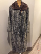 Load image into Gallery viewer, Kingspier Vintage - Vintage Australian Persian lamb full length coat with ox fur collar, &quot;Simon of Paris, Montreal. This coat features hook and eye closures, Silver lining with beautiful blue flower motif, an inside pocket, an embroidered monogram &quot;GMR&quot; and a Simon of Paris, Montreal Label.
