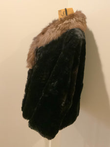 Kingspier Vintage - Parais Fourrours Quebec vintage black fur coat with tan fur trim, floral print lining and inside pocket