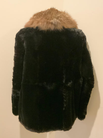 Kingspier Vintage - Parais Fourrours Quebec vintage black fur coat with tan fur trim, floral print lining and inside pocket