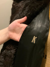 Load image into Gallery viewer, Kingspier Vintage - Vintage dark brown shorn beaver fur coat, “K” monogram embroidered on inside pocket, black lining with red and black foliage motif
