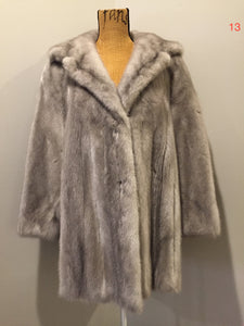 Kingspier Vintage - Eastern Furriers" Silver mink fur coat, Made in Canada. This coat features a white satin lining with inside pocket and embroidered monogram "BFD" and Eastern Furriers label.