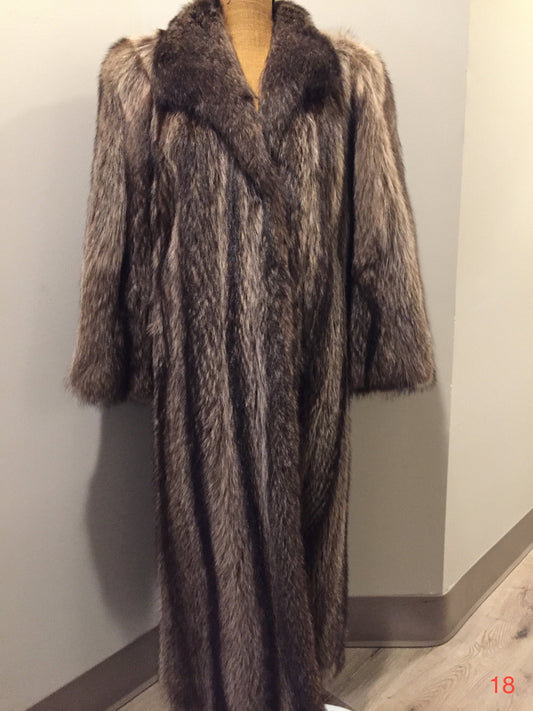 Kingspier Vintage - Vogue Furriers, Styled by Friedman Brothers, full length raccoon coat. Made in Sydney, Nova Scotia, Canada.